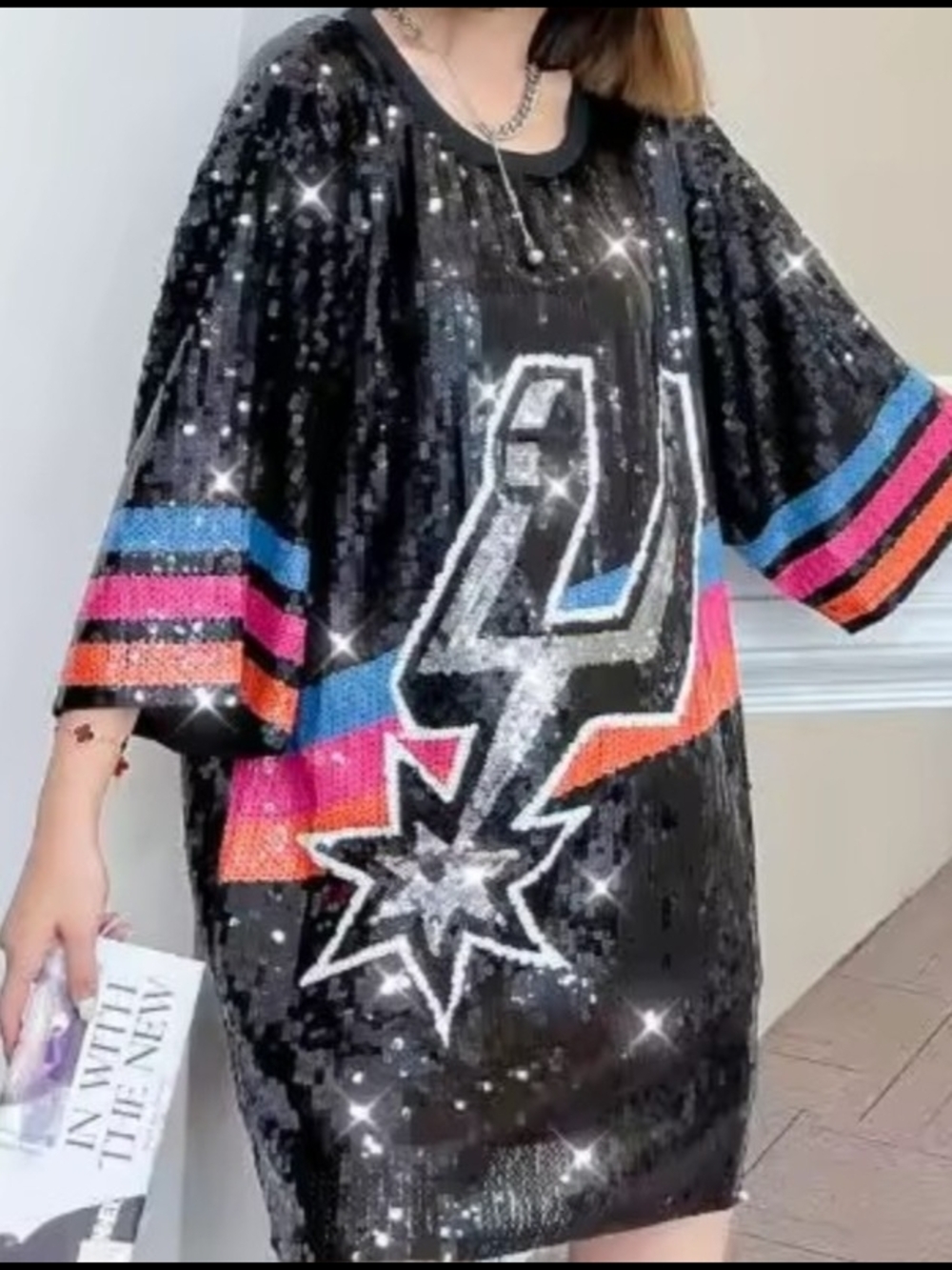 Sequined San Antonio Spurs Black Jersey with Colorful Stripe Detail